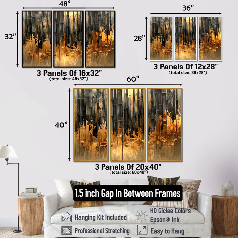 Golden Arashi Yama Bamboo River I - ensemble de 3 décorations en bambou, H 40 po x l 60 po, Argent argent