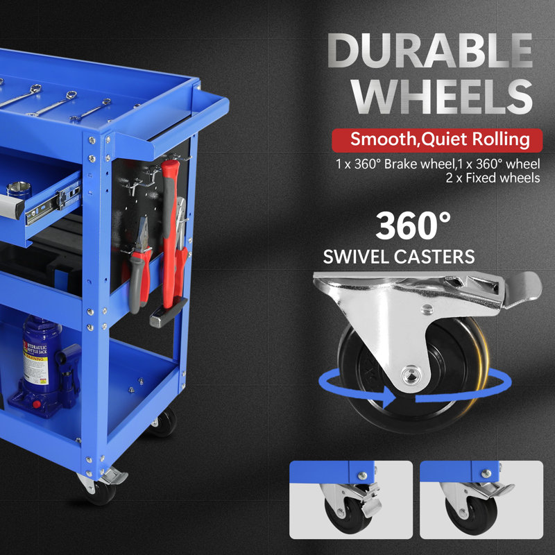 3 Tier Rolling Tool Cart, Heavy Duty Utility Cart Tool Organizer with Storage Drawer, Blue