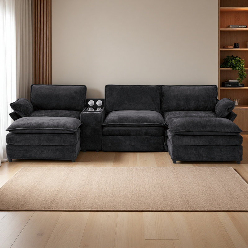 U Shaped Modular Sectional Sofa,Storage Console & Wireless Charging,2 Cup Holders,Bluetooth Speakers,2 Movable Footstools