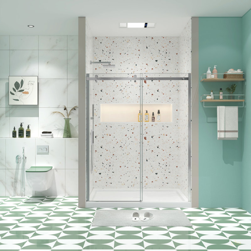 Porte de douche en verre, porte coulissante, avec verre trempé de 5/16 po 6074, Chrome poli