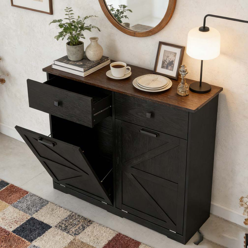 Armoire de tri de lessive, poubelle basculante, Noir