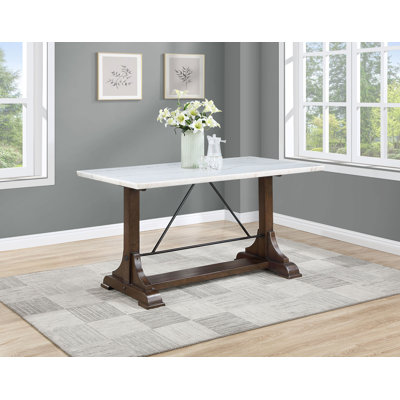 Balta Counter Height Trestle Base Dining Table With Genuine White Marble Top And Dark Brown