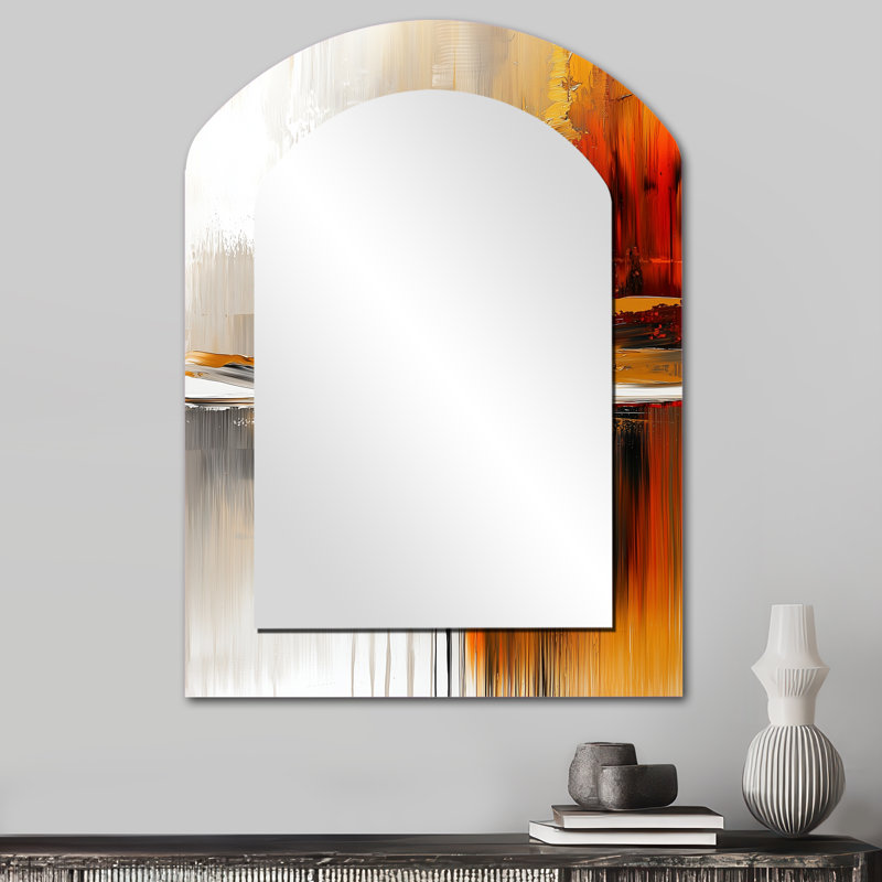 Abstrait forêt d'automne à l'horizon éthéré I - grand miroir en forme d'arche, décor de miroir mural asymétrique moderne, art en métal imprimé