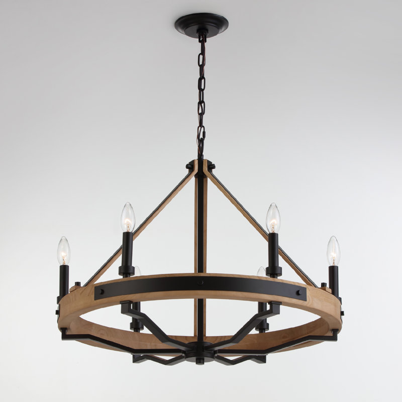 Lustre rustique en roue de chariot 6 lumières VidaLite Savannah, brun naturel et noir mat, longueur de suspension réglable, plafond incliné adaptable