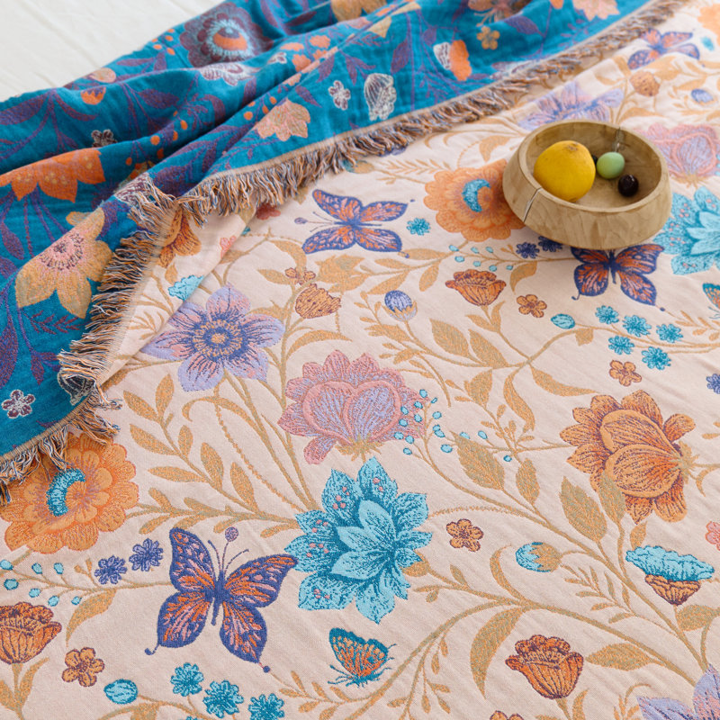 Jeté 100% coton Boho, Motif floral beige / bleu