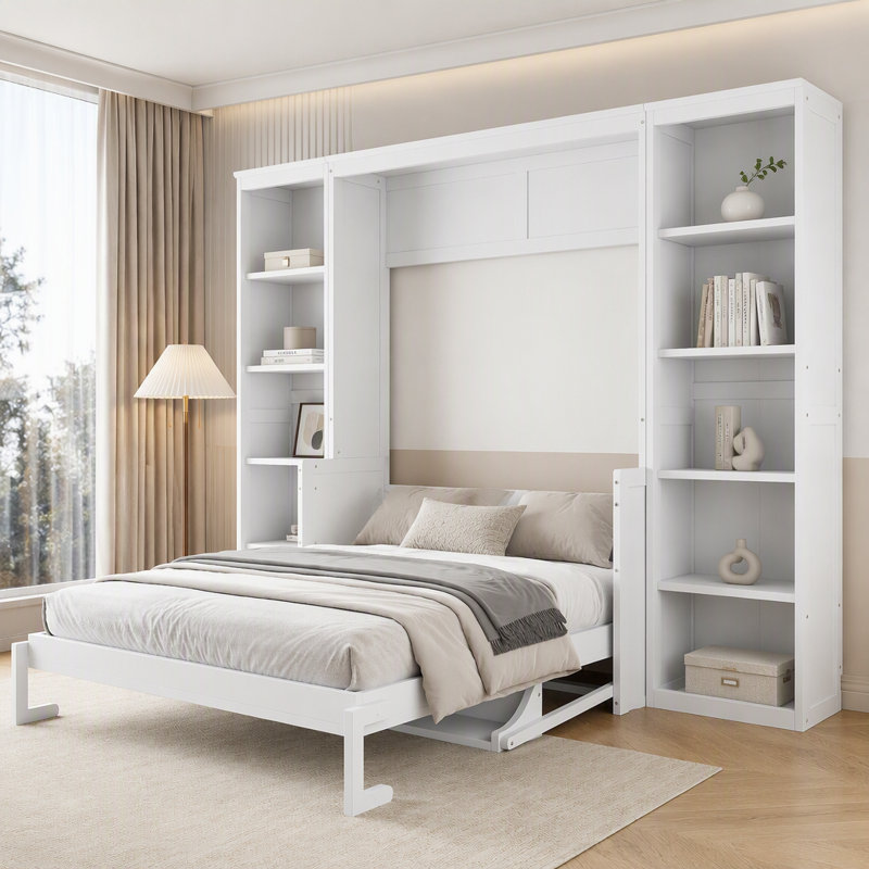 Full Size Murphy Bed with Desk and Bookshelf, White