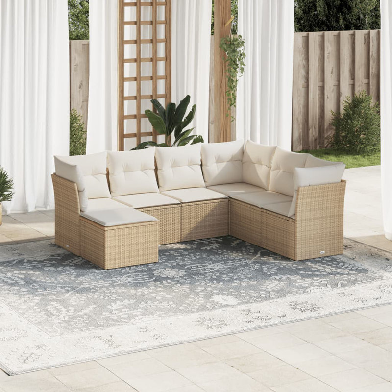 Ensemble de canapé de patio Vidaxl, rotin de polyester beige, acier thermolaqué, tissu