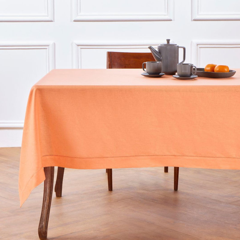 100% Pure Linen Hemstitch Tablecloth- Classic Hemstitch, Coral, 108" x 60"