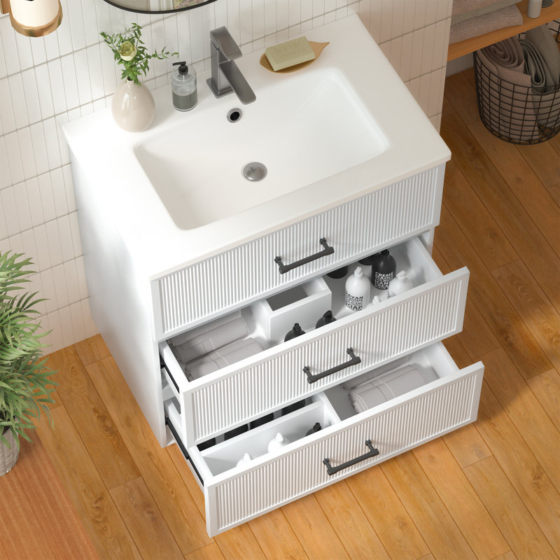  30" Bathroom Vanity with Ceramic Sink, Modern Freestanding Bathroom Vanity with 2 Drawers, White