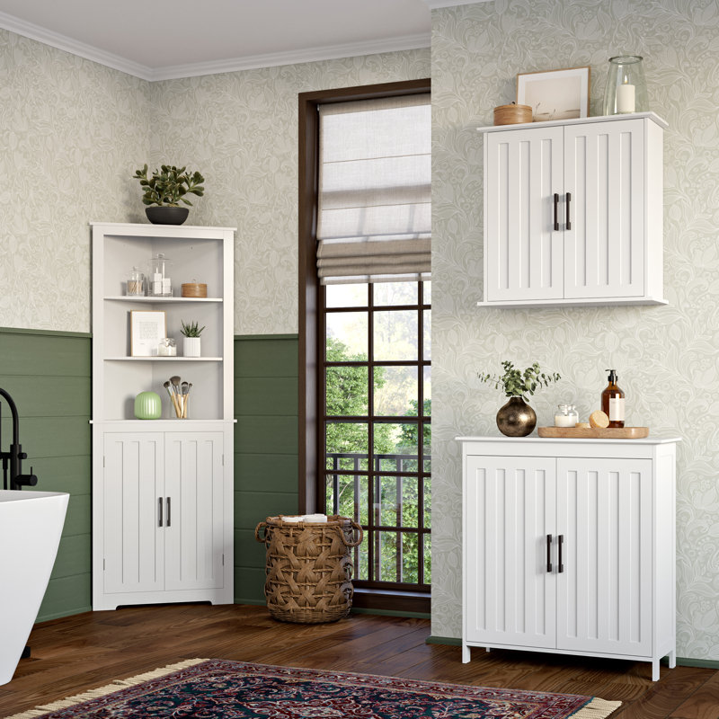 White Tall Corner Storage Cabinet with Adjustable Shelving