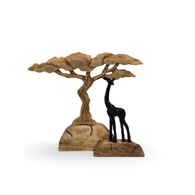 Mango Wood Giraffe Sculpture - Hand-Carved African Wildlife Scene for Home Accessories - Black Finish - 50x8x43cm