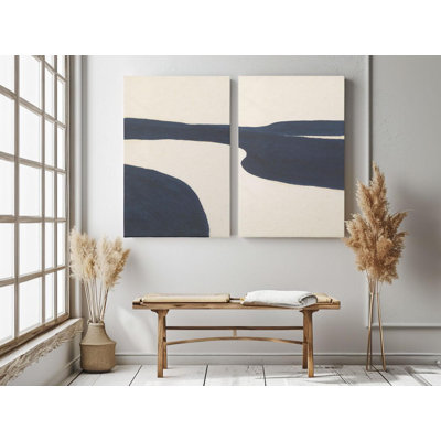 Reproduction sur toile abstraite minimaliste bleu marine, ensemble de 2 diptyques, grand paysage crème, peinture d'art contemporain, reproduction d'art