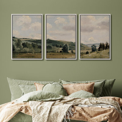 Rural Landscape " Rolling Hills Landscape Tranquil Country Nature Landscape Vintage Classic Rustic Art Decor " 3 - Pieces