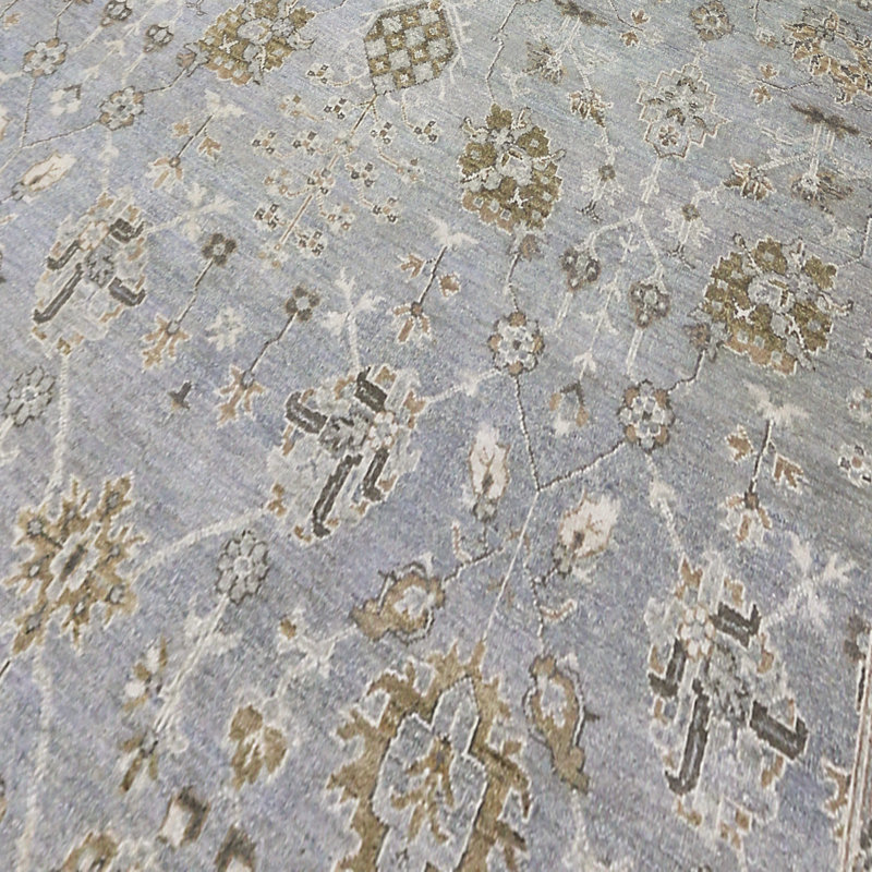 Hand-Knotted Blue Wool Fringed Area Rug, 14' x 10'