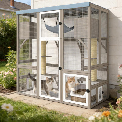 Large Walk-In Outdoor Cat Enclosure, Wooden Cat House with Flat Roof, Multi-Level Platforms, Hammock & Litter Box Shelf, for Backyard, Patio & Garden