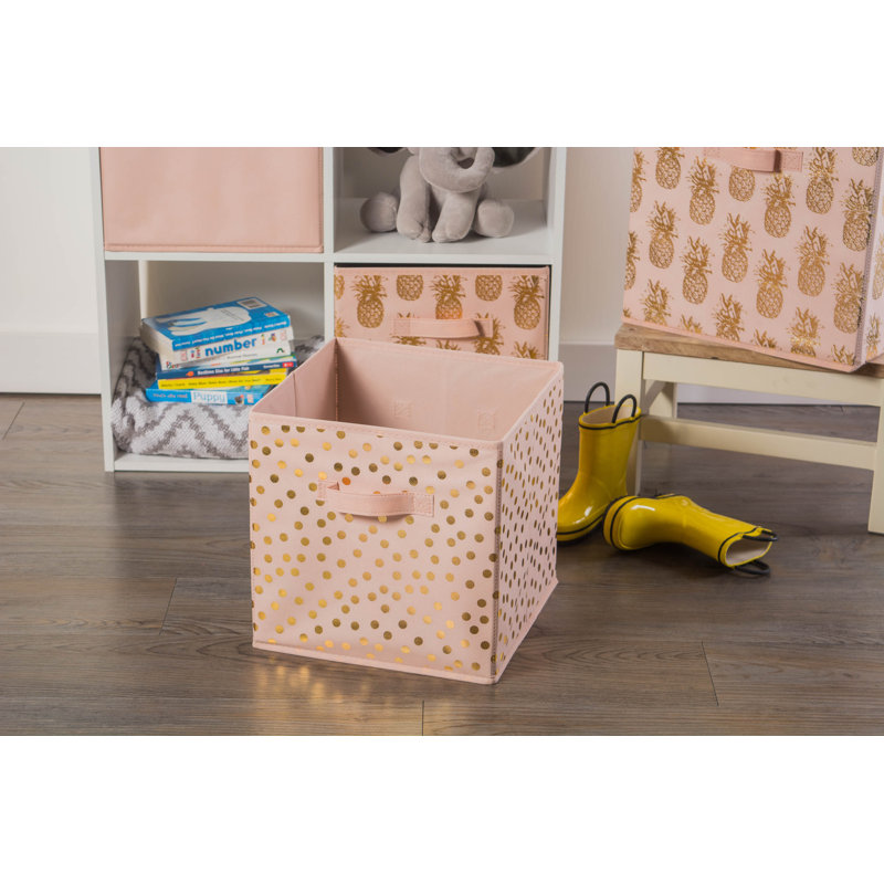 Ebern Designs Jamesrobert Fabric Decorative Bin, 11" H x 11" W x 11" D, Pink/Gold