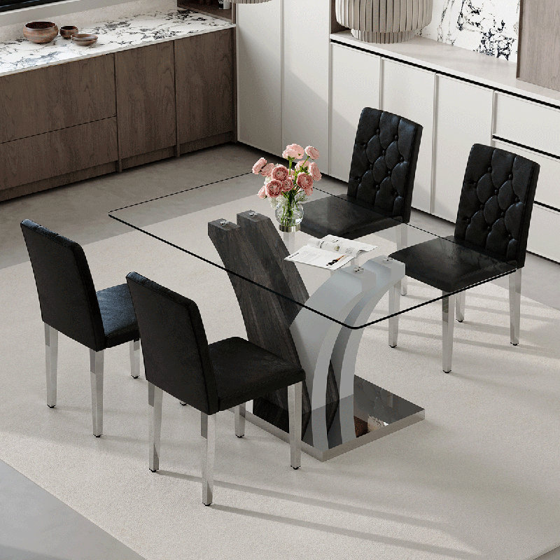 Ensemble de table de salle à manger de 63 po pour 4 personnes, comprenant un plateau en verre et des chaises en cuir. Cet ensemble de salle à manger en verre de 5 pièces convient aux maisons, aux restaurants et aux espaces de bureau.