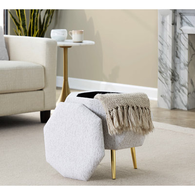 Tissu gris avec accents en métal doré, fonction de rangement, couvercle amovible, look contemporain, largeur de l'emballage de 19 po, profondeur, hauteur de 14 po, poids du produit de 12 lb et design élégant, intérieur de 13 po
