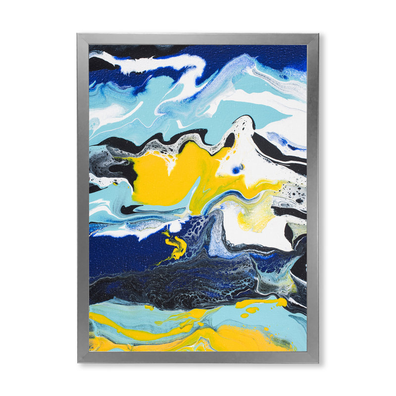 Composition abstraite de marbre jaune et bleu II - peinture sur toile, H 32 po x l 16 po x P 1 po, Encadrement argenté