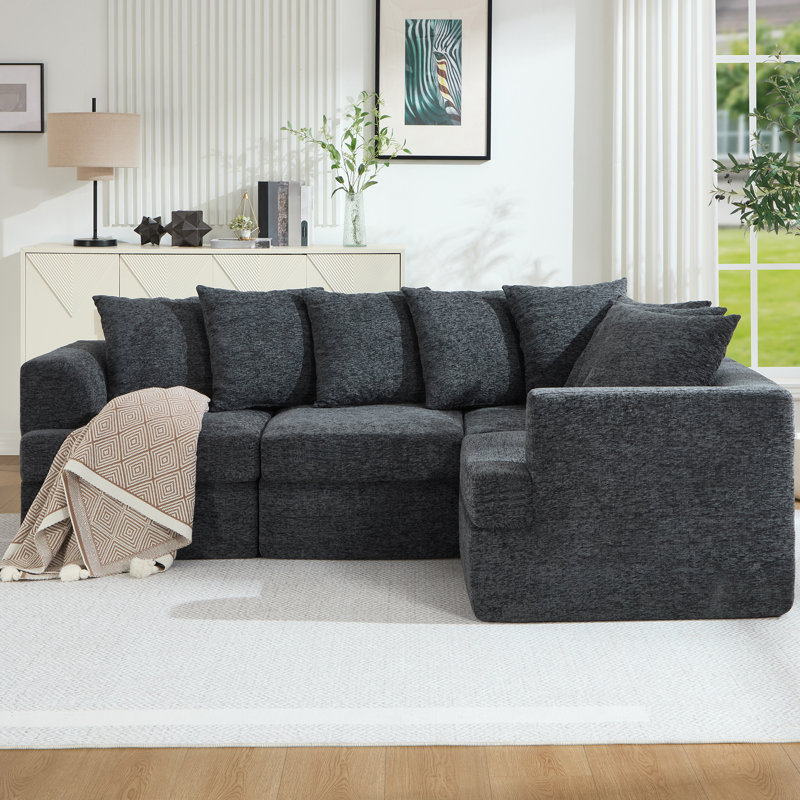 226cm L-Shape Gray Chenille Compression Modular Sectional Sofa, Reconfigurable Deep Seat Corner Couch with Matching Throw Pillows for Apartment Living Room
