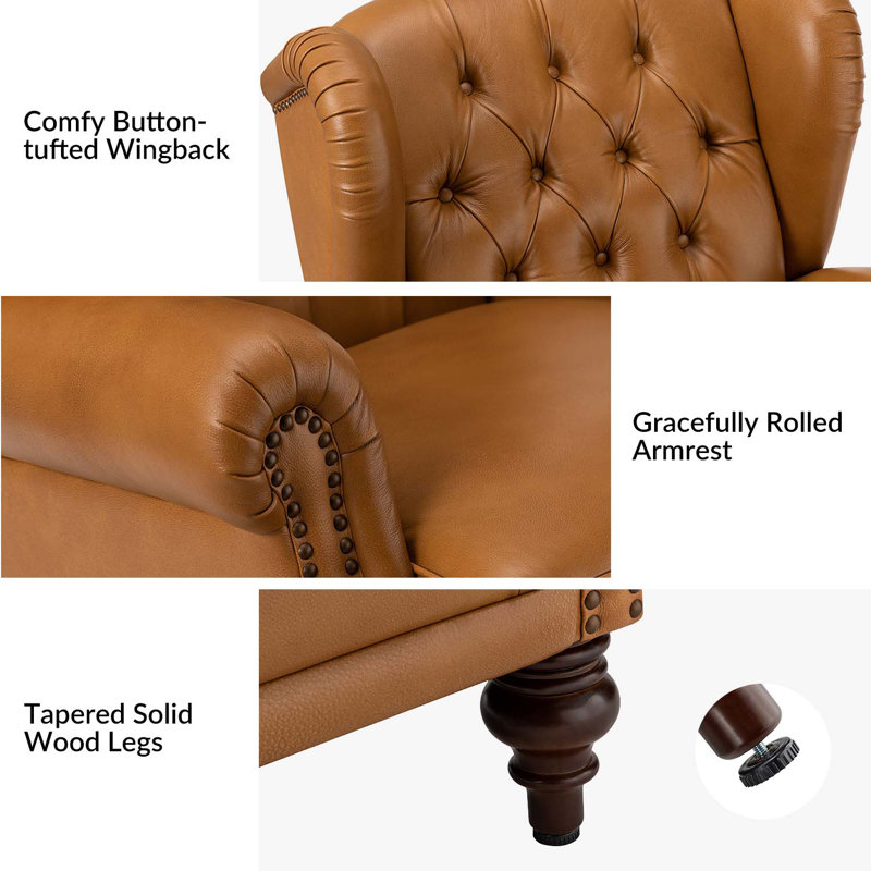 Fauteuil à oreilles en cuir véritable avec capitonnage à boutons Amyri, Cuir véritable chameau