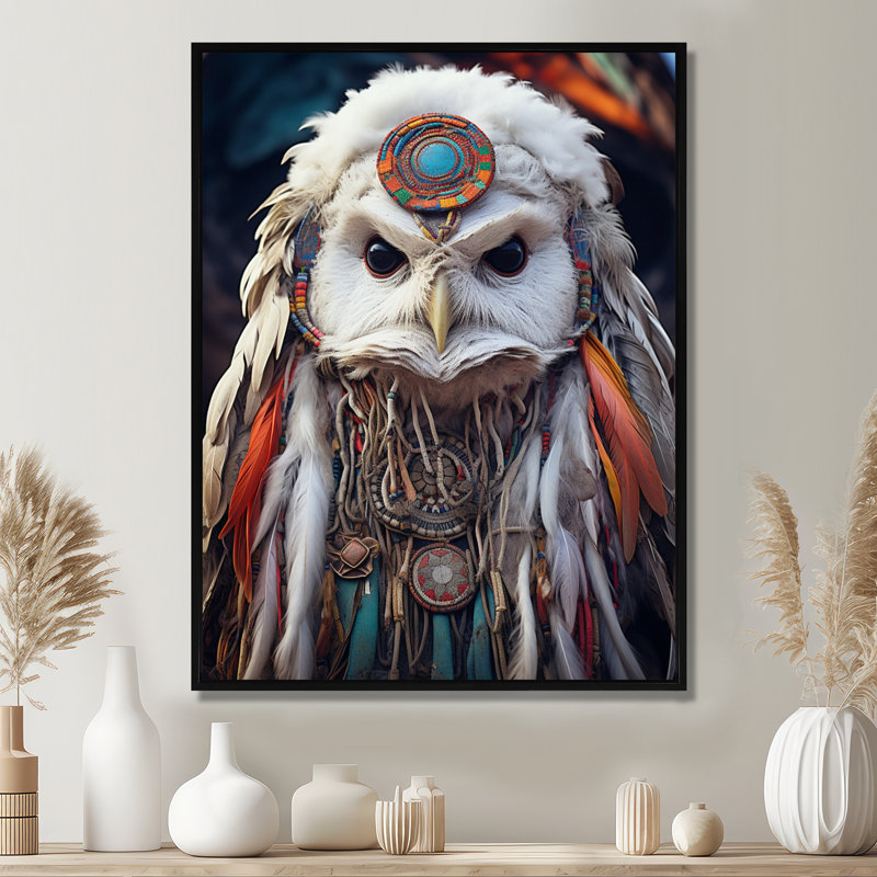 Chaman, chouette blanche, sagesse, hibou, art mural, salon, Toile flottante noire encadrée, H 20 po x l 12 po