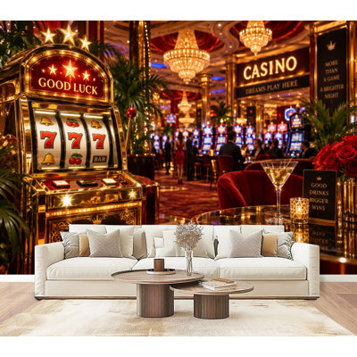 Papier peint mural adhésif élégant et moderne, motif machine à sous, inspiré d'un casino glamour, idéal pour une chambre ou un salon. 175 cm x 244 cm