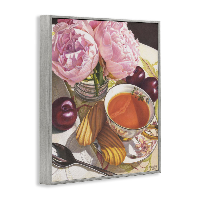 Thé avec pivoines et prunes, art par Mardell Schuster, Estampe numérique Farmhouse, H 14 po x l 11 po