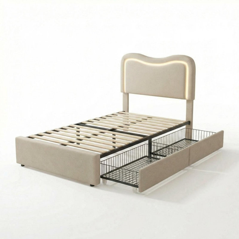Boucle Twin Bed Frame with 2 Storage Drawers, Upholstered Platform Bed with LED Headboard, Solid Wood Slats Support, No Box Spring Needed for Kids, Teens