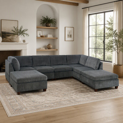 Ensemble modulaire en U en chenille gris 7 pièces avec coin d'angle, fauteuils sans accoudoirs et repose-pieds