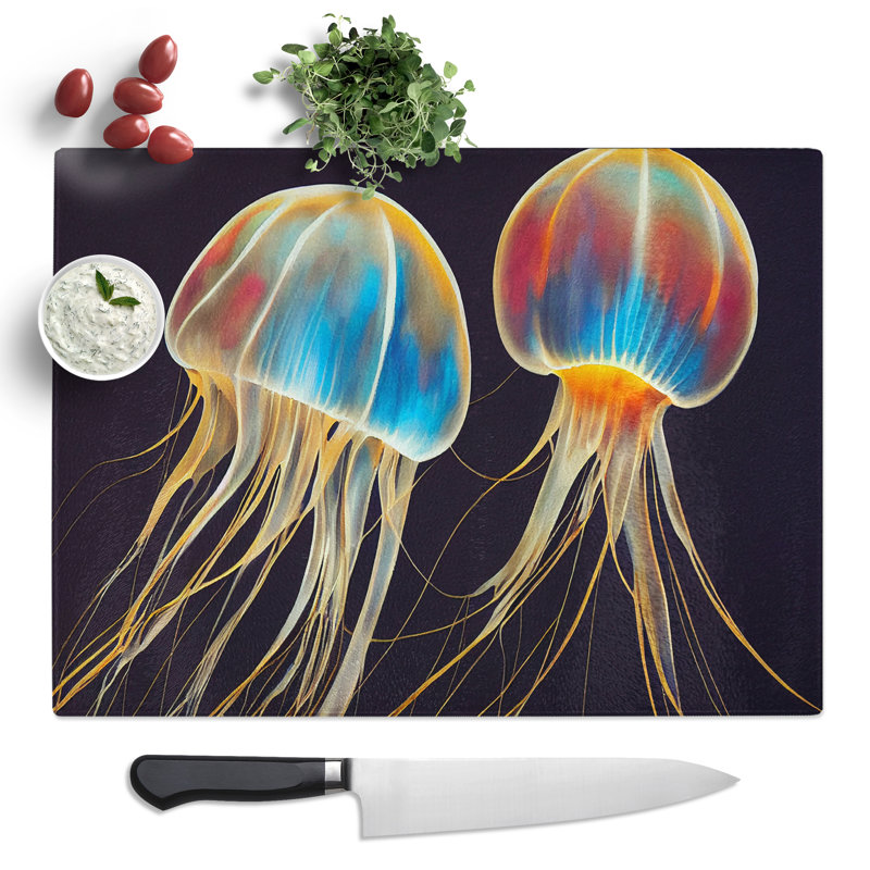 Jellyfish Painted  Glass Chopping Board