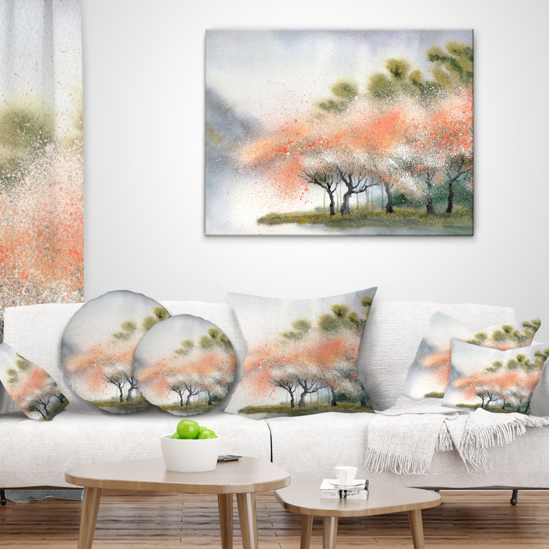 Arbres avec fleurs près de la rivière - coussin à imprimé paysage, Rectangulaire, 12 po x 20 po