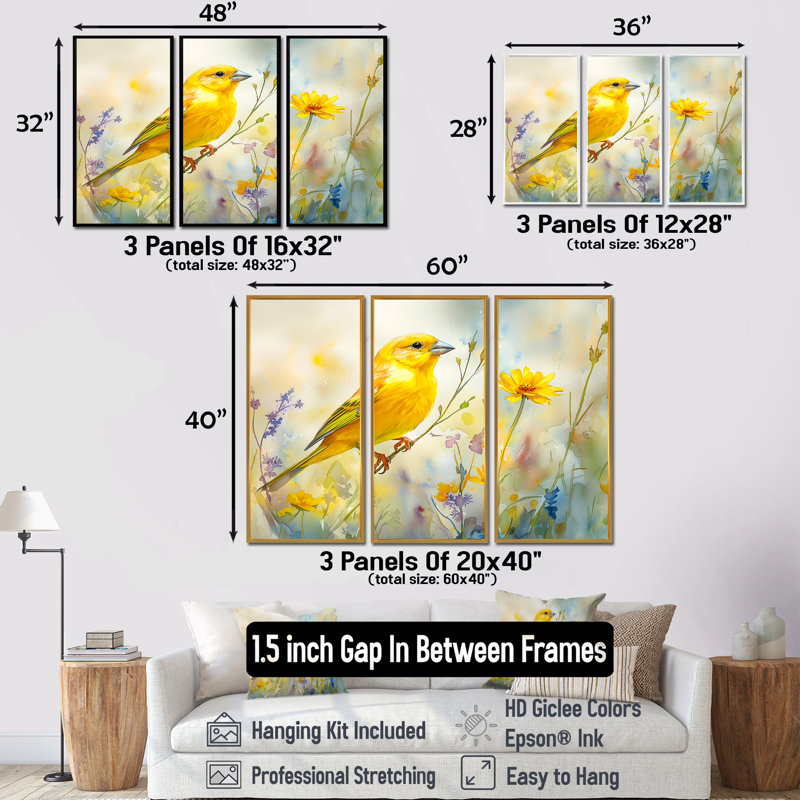 Oiseau pinson sur une tige de fleurs sauvages I - ensemble de 3 oiseaux, H 40 po x l 60 po, Brun