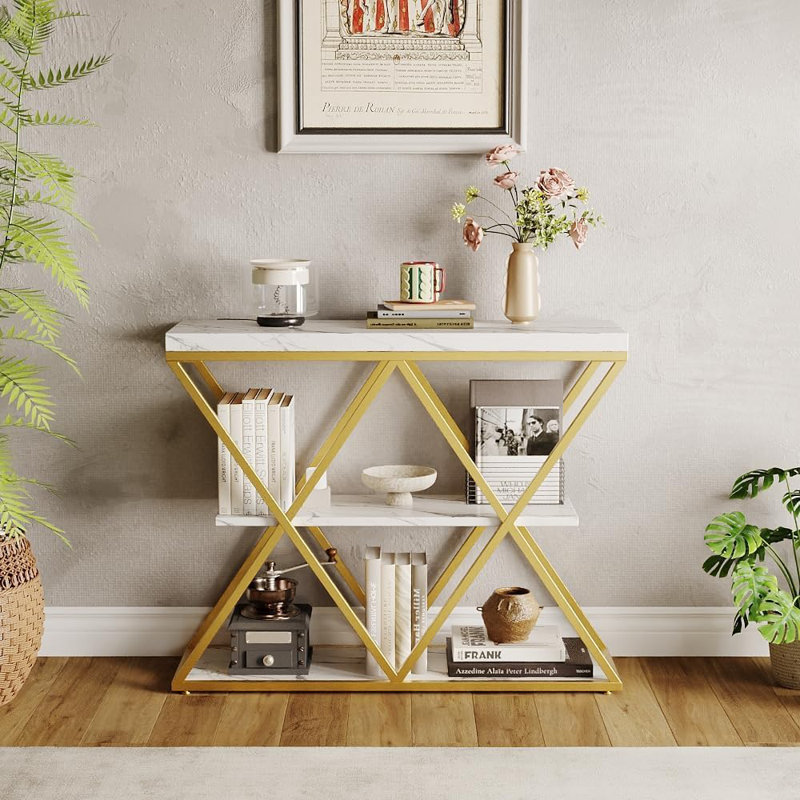 Industrial 3-Tier Entryway Table with X-Shaped Metal Frame - Warm Rustic Vintage Wood Tone. Double  Frames with 2 Shelves. Versatile for Living Room or Hallway