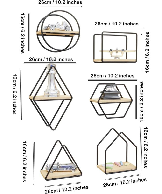 Ensemble de 6 tablettes murales géométriques - Décoration murale flottante en bois