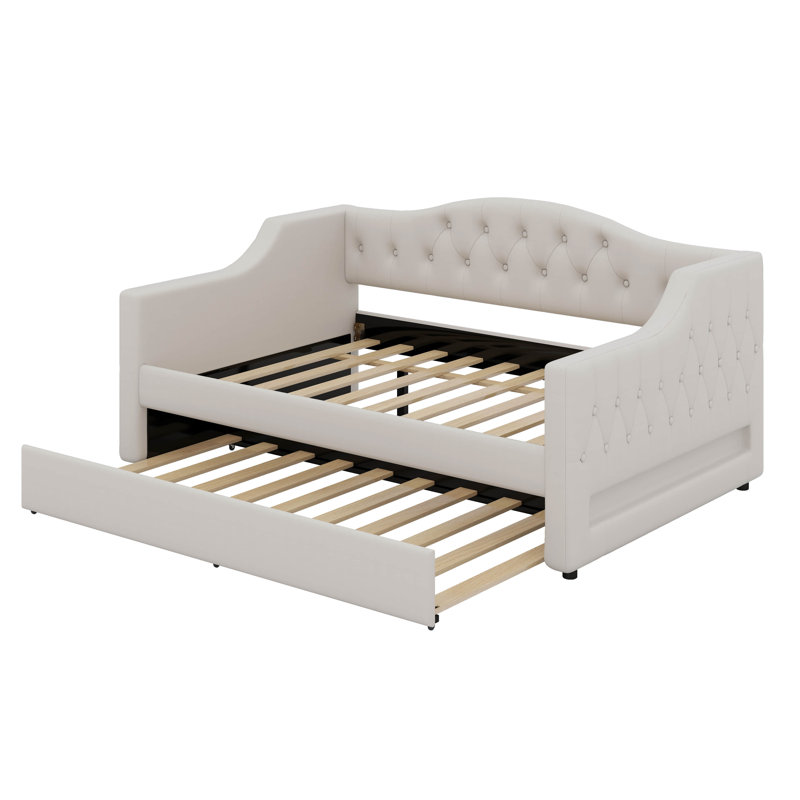 Lit de jour rembourré double TG avec ceinture et gigogne à DEL, Beige