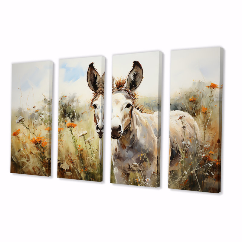 «Donkey Flower Meadow Landscape II - Donkey», ensemble de 4 pièces d'art mural, H 28 po x l 48 po