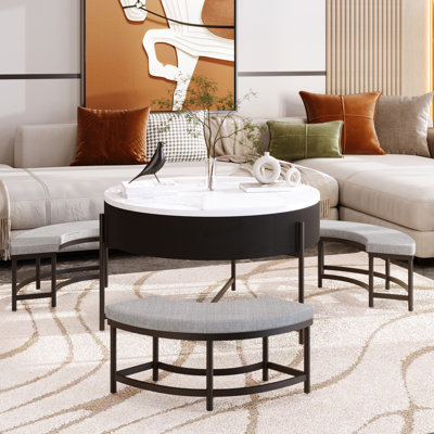 Table basse à plateau relevable avec grand espace de rangement et 3 plateaux confortables, blanc, base noire, pour un design rond caché, une finition polyvalente