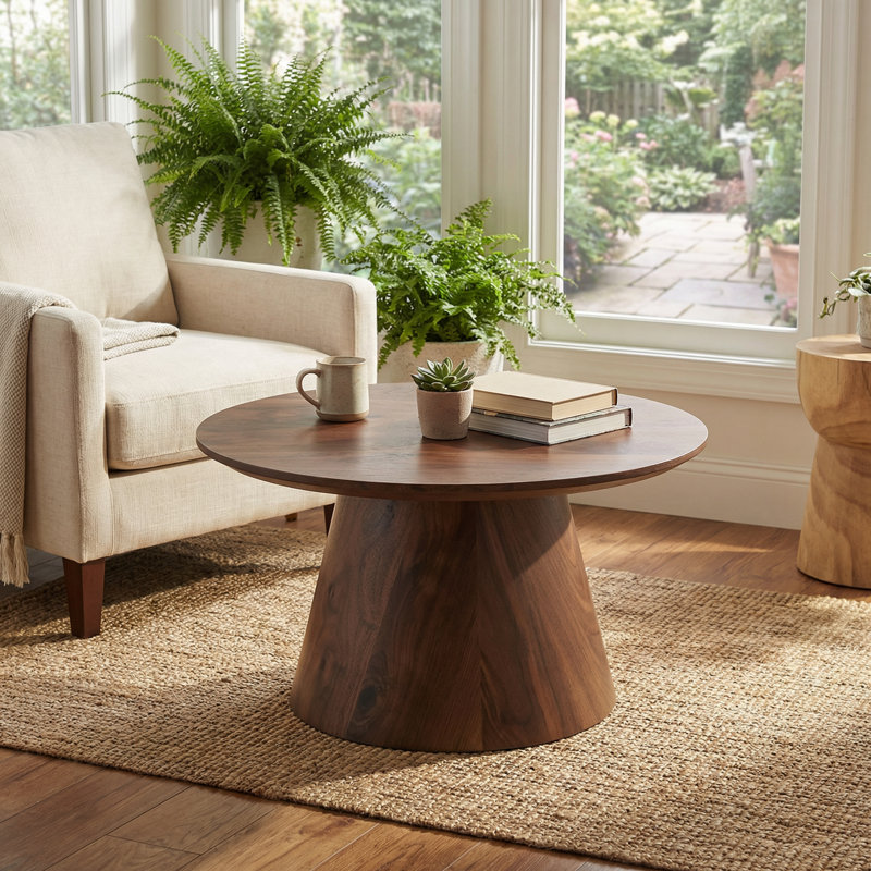Classic Walnut Wood Grain Circular Coffee Table with Adjustable Feet and Anti-Slip Design for Living Room or Bedroom Decor