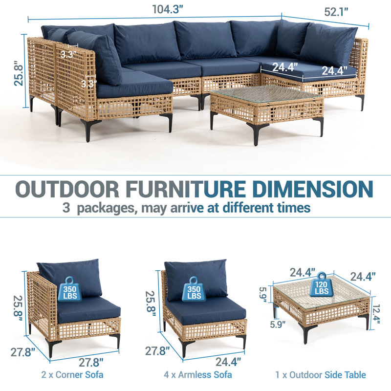 Ensemble de canapé modulaire d'extérieur 7 pièces, meubles de patio en rotin avec coussins et table Boho, Bleu