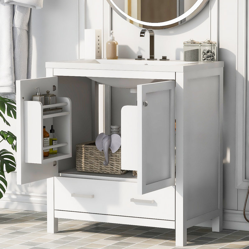 Meuble-lavabo de salle de bain avec lavabo simple encastré, Blanc