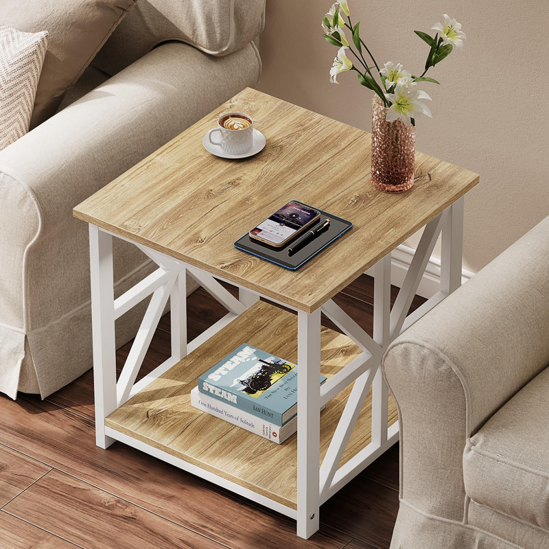 2-Tier Side Table with Storage, Oak, White