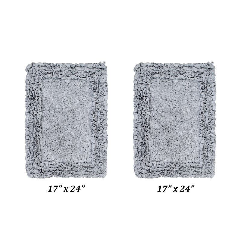 Courson Premium 100% Cotton 1775 GSM 2-Piece Bath Rug Set, OEKO-TEX® Certified, Non-Slip Spray Latex Backing, Plush Tufted Ruffle Pattern, Super Absorbent, Machine Washable Bathroom Rugs, Silver