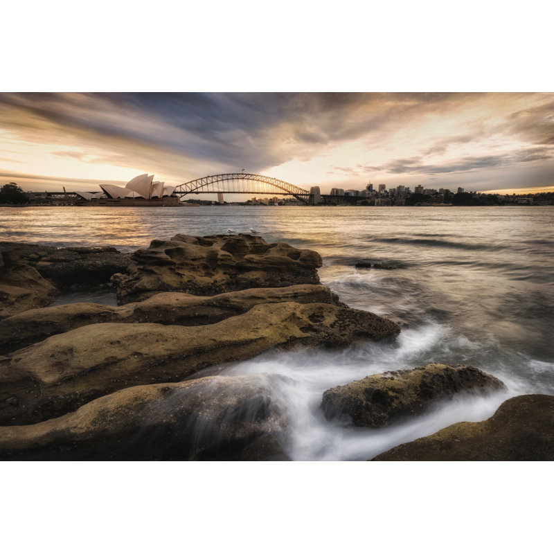 Sydney in Gold and Blue 1 Piece Wall Art on Canvas, 81cm H x 122cm W, Black Framed