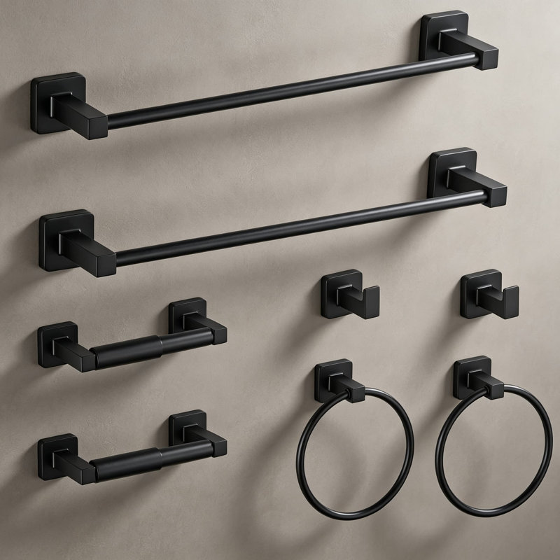 Ensemble de quincaillerie de salle de bain 8 pièces noir mat - Ensemble de porte-serviettes mural en acier inoxydable avec anneau à serviette, crochets à peignoir, porte-papier hygiénique - Accessoires de salle de bain durables et antirouille