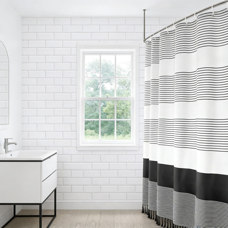 Rideau de douche rayé à pampilles, mélange de coton de qualité supérieure, œillets résistants à la rouille, décoration de salle de bain Boho Farmhouse