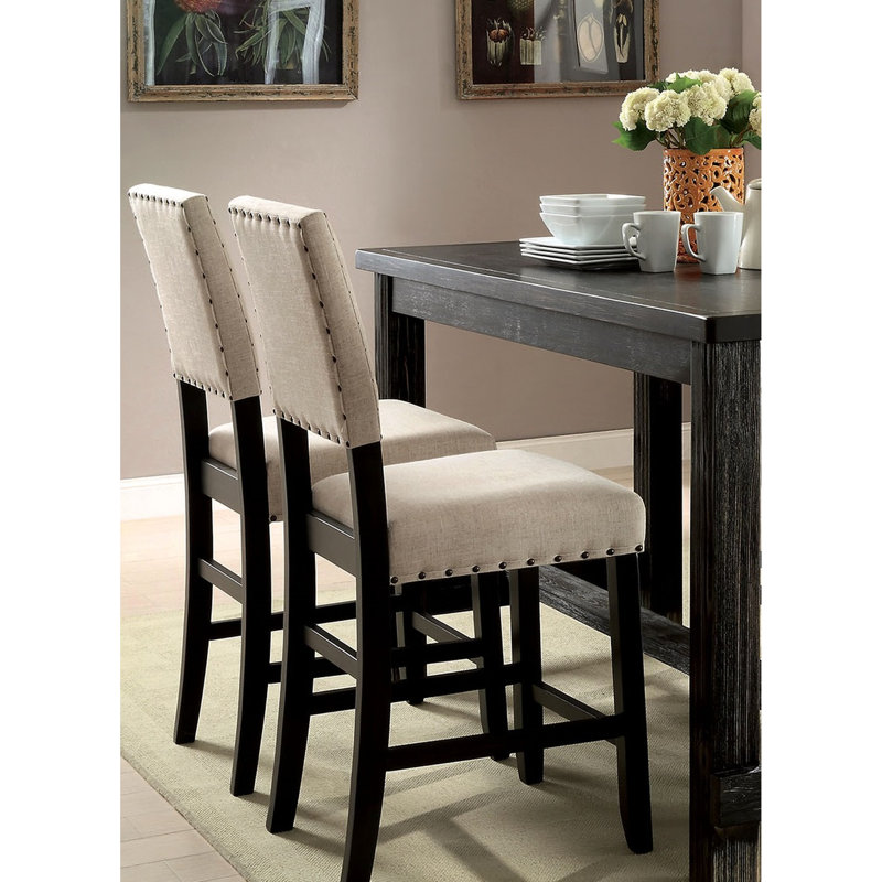 Ensemble de salle à manger en bois noir antique, hauteur de comptoir, 4 chaises, tissu lin beige, style rustique, structure en bois massif.