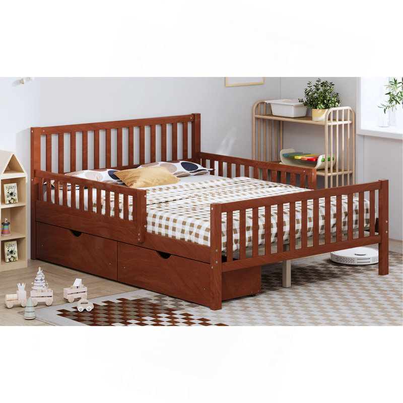 Full Size Wood Platform Bed With Guardrails On Both Sides And Two Storage Drawers, Walnut, Full