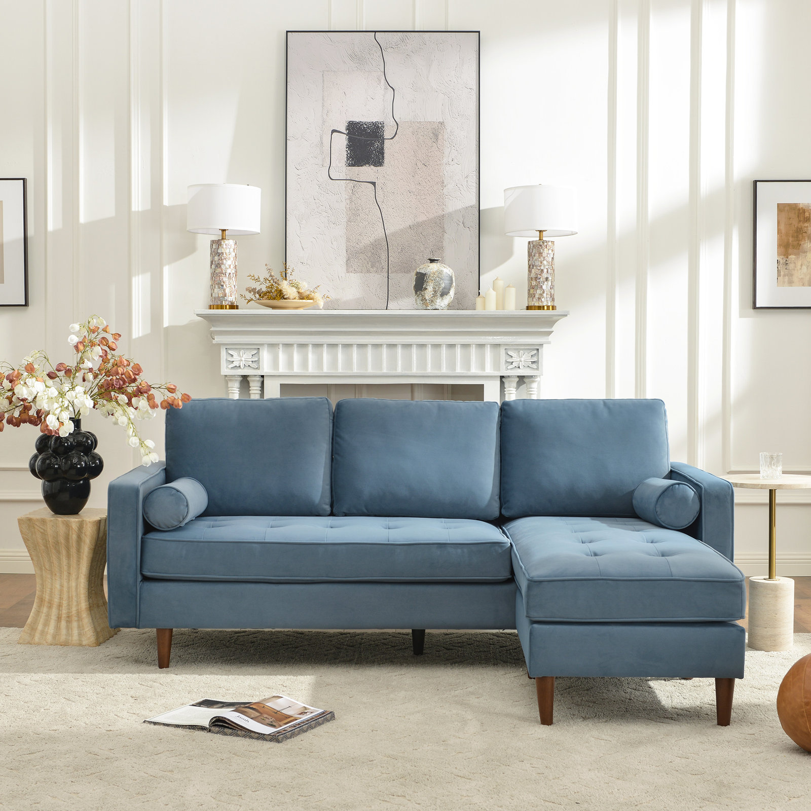 Geo Linen Reversible Sofa and Chaise, Light Blue Velvet