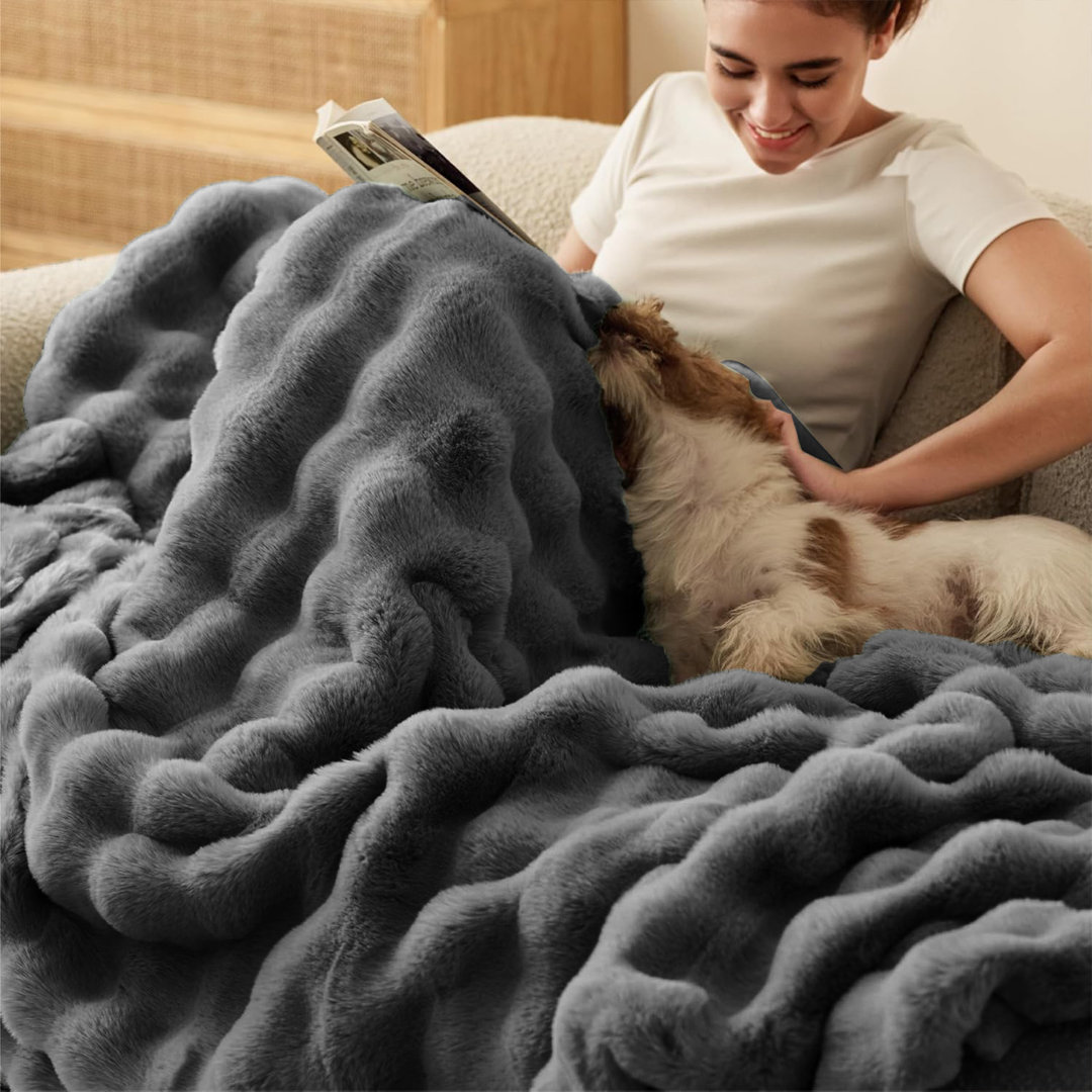Solid Color Faux Rabbit Fur & Flannel Weighted Throw Blanket, Ultra Soft & Cozy for Sofa Couch Bed